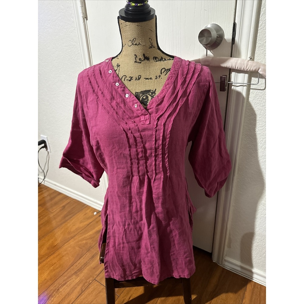 Isabella Bird 100% Linen Fancy Pink Tunic Top 3/4 Sleeves V Neck EUC
